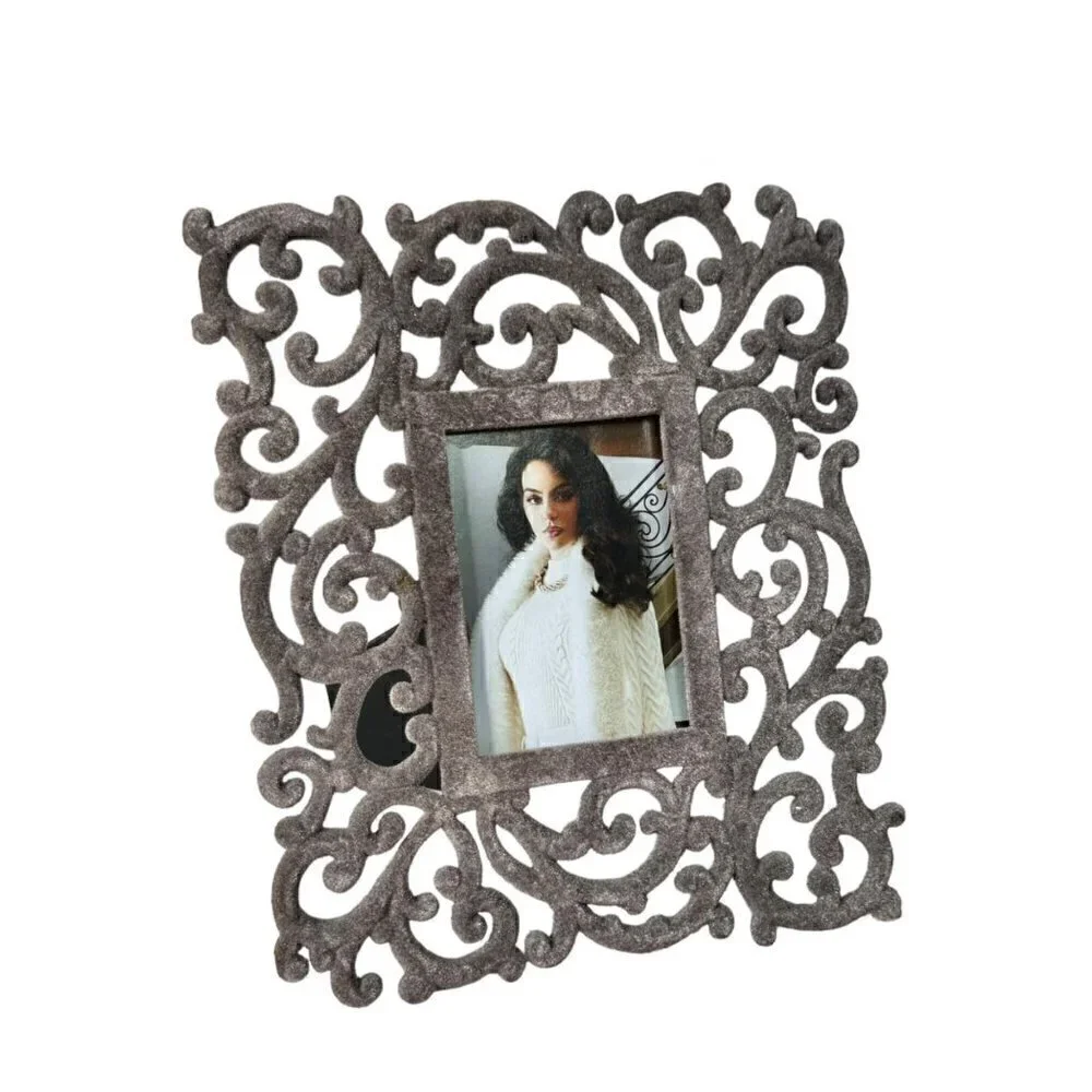 Grey Velvet Scroll Flourish Ornate Decorative Rectangular Picture Photo Frame